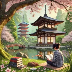 Japanese park with koi pond, pagoda, and a student studying under a cherry blossom tree, symbolizing education and the MEXT scholarship Math A exam syllabus.