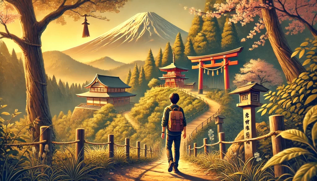 A student hiking a winding trail toward a Shinto shrine with Mount Fuji in the background, symbolizing perseverance and reapplying for the MEXT scholarship.