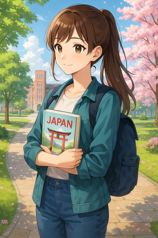 Anime-style illustration of a young student holding a Japan guidebook on a university campus, symbolizing studying in Japan motivation.